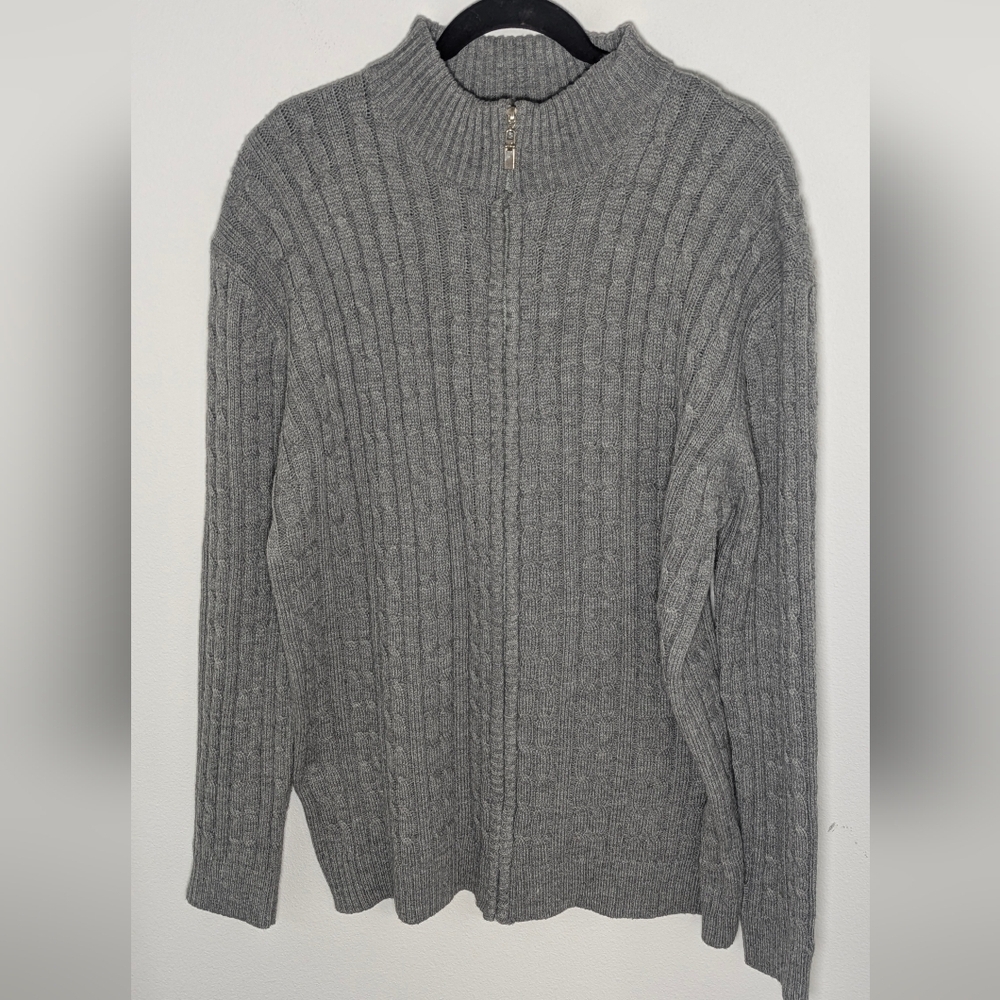 H2H Men's Full Zip Up Cable Knit Sweater Blouse Mock Neck Gray Size XL EUC